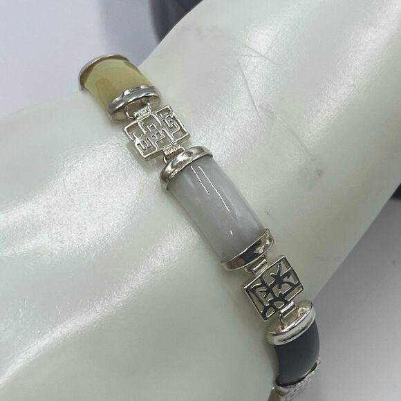 Vintage 1960's Signed Chinese Jadeite Sterling Panel Link Bracelet 7.5" Length - Picture 2 of 14